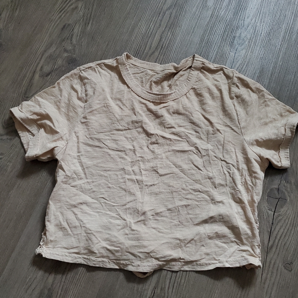 Aerie Casual Beige  Open BackT-Shirt with Crochet Detail